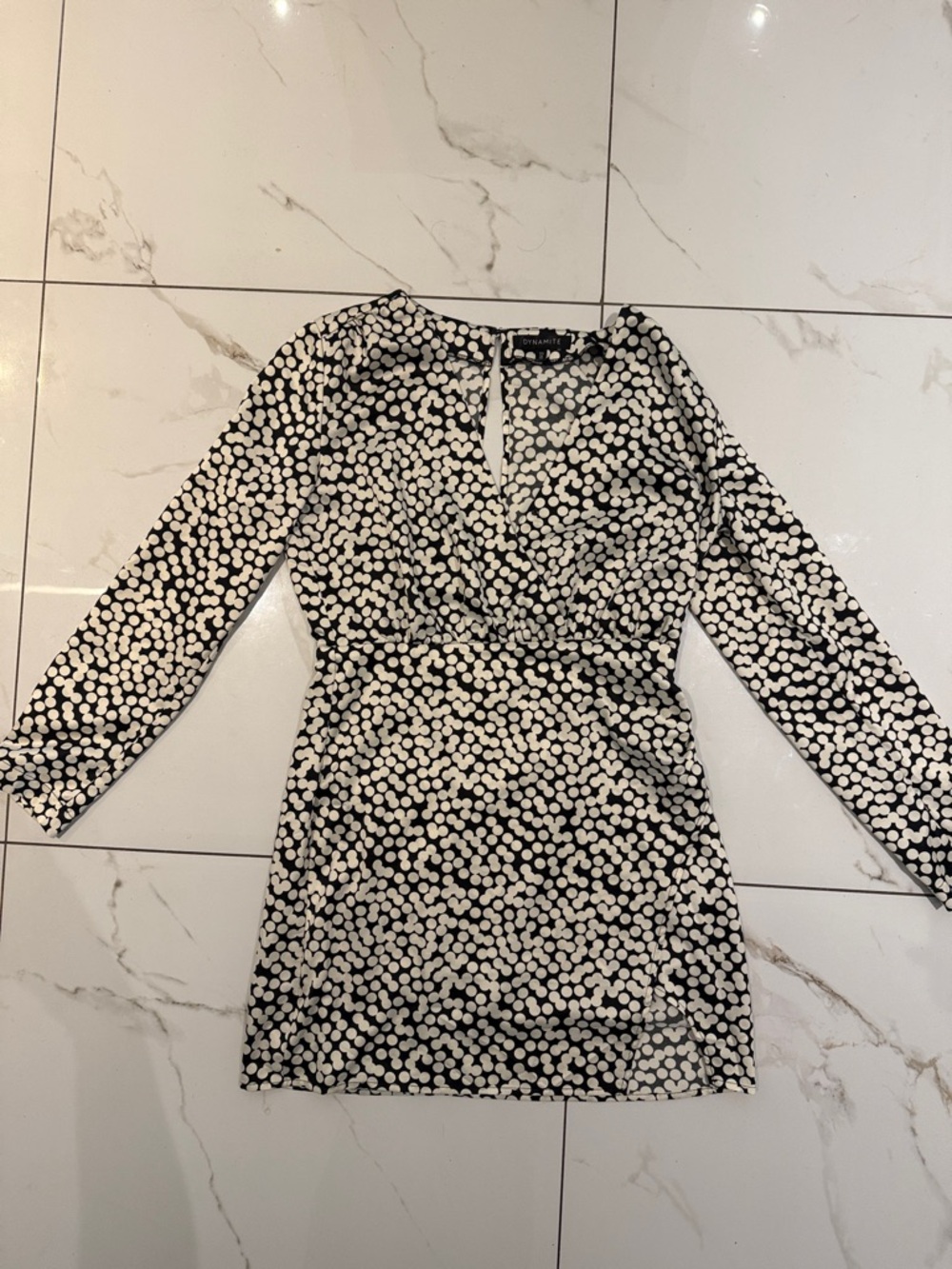 Dynamite Black & White Dot Long-Sleeve Mini Dress